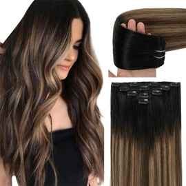 Ombre Clip in Human Hair Extensions Straight Remy Clip on Hair Natural Black to Chocolate Brown Mix Caramel Blonde Balayage 16 Inch Invisible Double Weft 60G 5 PCS Clip ins Real Human Hair for Women