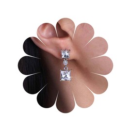 Cimenexe Bohemian Square Crystal Dangle Earrings Silver Circle CZ Drop Earrings Rhinestone Geometric Stud Earrings Crystal Square Circle Earrings Jewellery for Women and Girls, Zinc, No Gemstone