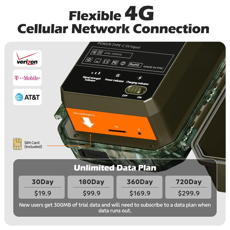 4G LTE Cellular Trail Camera with Pre-installed SIM Card, 2K