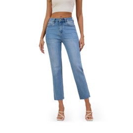 FLYING BANANA Women's High Waisted Straight Slim Ankle Stretch Denim Trendy Jeans (Light Blue, 6 Short)