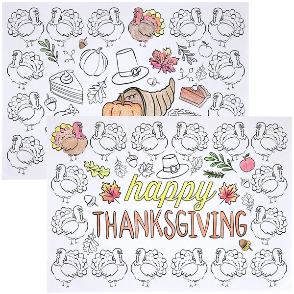 Iconikal Color-Your-Own 2-Sided Reversible Disposable Paper Place Mats, 14 x 10-inches, Happy Thanksgiving, 22-Count