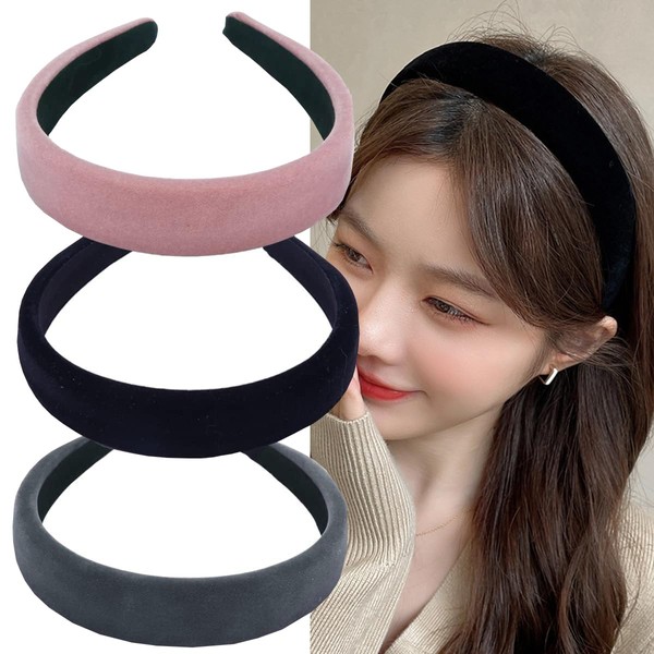 3 x Velvet Hair Bands for Women Soft Headband for Women and Girls Fashion Non-Slip Hair Accessories (Black, Pink, Grey)