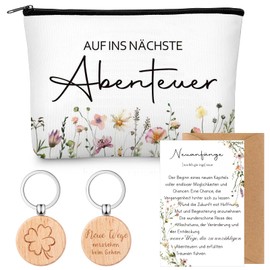 Xuniea Auf Ins Nächste Abenteuer Cosmetic Bag Wooden Clover Leaf Keyring Lucky Charm New Beginning and Envelope Thank You Farewell Gift for Colleague Friend Birthday Christmas, as shown in the picture
