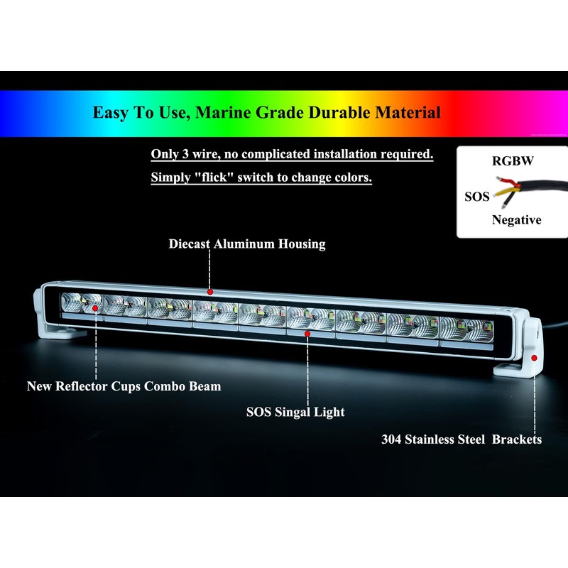 Vcanuplms RGBW Led Boat Light Bar, 20 inch Powerful Waterproof