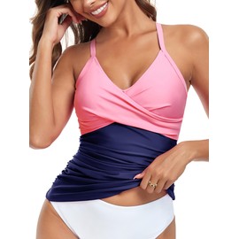 RELLECIGA Women's Light Pink+Navy Blue V Neckline Ruched Tankini Top Swimsuits Size X-Large