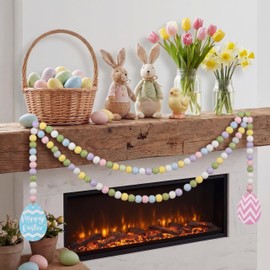 Jetec 2 Pcs Easter Wood Bead Garlands with Egg Tag Farmhouse Wooden Hanging Garland for Wall Fireplace Shelf Mantle Display Indoor Outdoor Decoration for Easter Spring Home Party Supplies