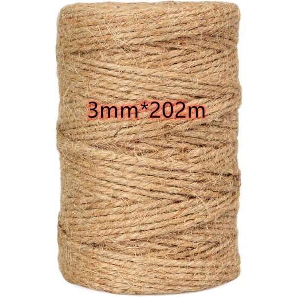 Natural Thick Jute Twine Rope for Floristry, Craft, Decoration, Packaging, Garden and Recycling 202 m Roll Jute Twine, 3mm Thick