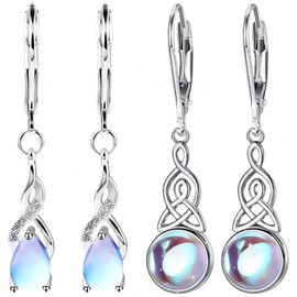 Srup 2 Pairs Moonstone Earrings, Hanging Moonstone Earrings Silver, Girls Moonstone Cubic Zirconia Hoop Earrings, Silver Irish Celtic Knot Heart Earrings, Moonstone Earrings Made of Sterling Silver,
