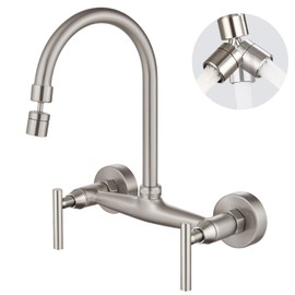 Airuida Wall Mount Kitchen Sink Faucet with Sprayer Brushed Nickel Wall Mounted Kitchen Faucet 8 Inch Center Double Handles 360 Degree Swivel Spout Restaurant Mixer Tap Commercial