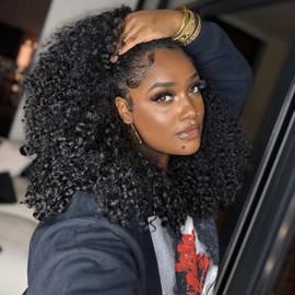 Kinky Curly Half Wig Human Hair 200 Density 3 In 1 Headband Wig Seamless Flip Over Wear and Go Glueless Wigs Human Hair Beginner Friendly Kinky Curly Wig Human Hair Drawstring Wig for Women 20 inch