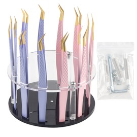 12 Holes Acrylic Tweezers Holder Rotatable and Non-slip, Durable Eyelash Makeup Grafting Tweezer Display Stand Extensions Organizer Training Rack Beauty Tools (Black)