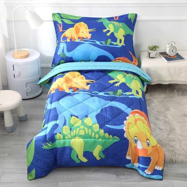 Wowelife Dinosaur Toddler Bedding Set Blue Toddler Bedding Sets for Boys, Premium 4 Piece Toddler Bed Set Dinosaur, Blue Toddler Comforter Set, Super Soft and Comfortable