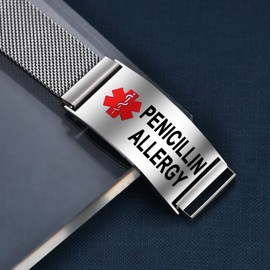 YOTHIWAD Medical Alert Bracelets for Men Women Medical Id Bracelets Adjustable Stainless Steel Band Magnetic Security Clasp (PENICILLIN ALLERGY)