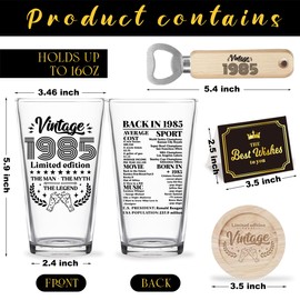 FBCCZEY Funny 40th Birthday Gifts 40 Year Old Birthday Gifts for Men Vintage 1985 Beer Drinking Glass Happy Anniversary 40th Birthday Party Supplies Decorations Man for Him Friend