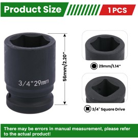 YTKavq 3/4" Drive 29mm Impact Socket，6-Point Standard Impact Sockets Made with Chrome Molybdenum Alloy Steel, Metric