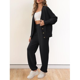 MEROKEETY Women's 2 Piece Outfits Sweater Sets Waffle Knit Cardigan and High Waist Pants Lounge Set, Black, S