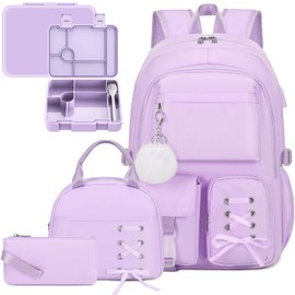 Scothen Backpack for Girls with Bento Lunch Box Set, School Bag Bookbag for Teens Girls Kids Student, 43oz Lunch Containers Lunchbox, Insulated Lunch Bag & Pencial Case, Back To School Gift (Purple)