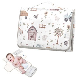 Portable Changing Pad for Baby - Cute Farm Animals Waterproof Diaper Changing Mat Travel Changing Pad with Built-in Pillow - Shower Gift for Baby