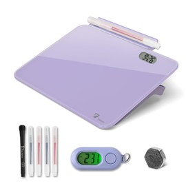 Small Glass Desk Whiteboard Dry-Erase Board with Clock, Small Travel Clock Keychain with Desk Notepad, Time Table Whiteboard for Desk Digital LED Light Display, 8x6 in with Accessories, Purple