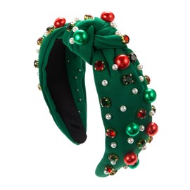 Bohue Rhinestone Pearl Knotted Headband Christmas Wide Headband Fashion Hair Bands Cross Knot Twisted Girl Hair Accessories for Christmas Party (Green)