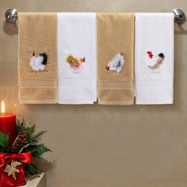 Hahafelt 4 Pcs Farmhouse Chicken Dish Towels Farm Rooster Kitchen Hand Towels Fluffy Mbroidery 3D Chicken Funny Rustic Decorative Embroidered 100% Cotton Soft Absorbent for Bathroom, 29 x 13 Inches