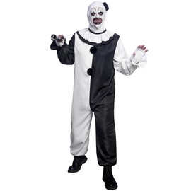 Mainfini 3 Pcs Haunted House Creepy Clown Costume Jumpsuit with Gloves and Metallic Horn Ideal for Costume Parties XXL