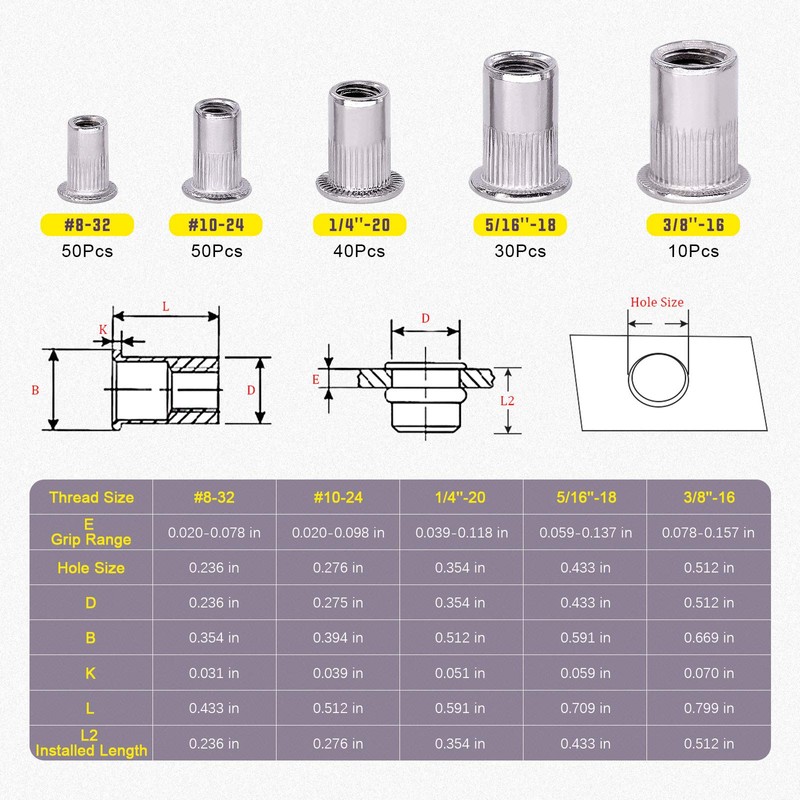 Swpeet 181Pcs 304 Stainless Steel #8-32#10-24 1/4"-20 5/16"-18 3/8"-16 Rivet
