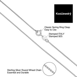 Kooljewelry Sterling Silver 1.1 mm Round Wheat Chain Necklace (16, 18, 20, 22, 24, 26 or 30 inch), Sterling Silver