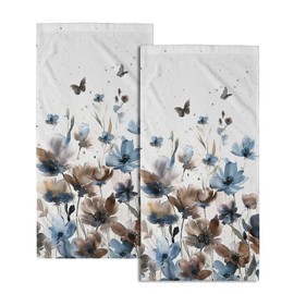 Imiss Watercolor Brown Blue Floral Hand Towel Set of 2, Wildflower Butterfly Decorative Bathroom Multipurpose Towels for Yoga Gym Spa Hotel Kitchen 14.4 x 28.3 Inch