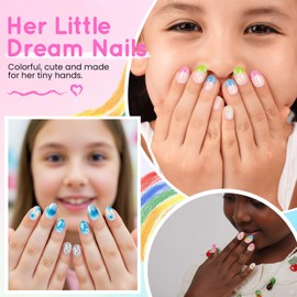 72 Pcs Press on Nails for Kids, GlimightyX 3 Styles Girls Fake Nails Set with Nail Glue & Sticky Tabs,Flower Rainbow Pink Nails Set for 8-12 Years Old,Christmas Gift DIY Home