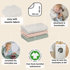 Burp Cloths Baby Muslin Cloths 80 x 80 cm (Soft Muslin Organic Cotton) GOTS + Oeko-Tex 100: Non-Toxic Muslin Cloth Baby Muslin Nappies Girls Boy, Baby First Equipment (Green + Beige, 80 x 80 cm)
