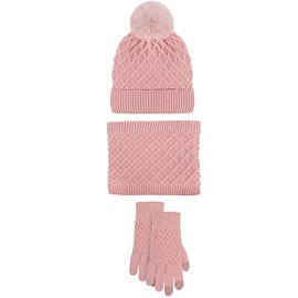BambooMN Unisex Men Women Soft Warm Cozy Outdoor Winter Pom Pom Beanie Hat, Infinity Scarf, Glove Set for Cold Weather, Pink