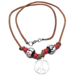 Pewter Peace Sign Leather Necklace Peruvian Ceramic Red Black White Beige