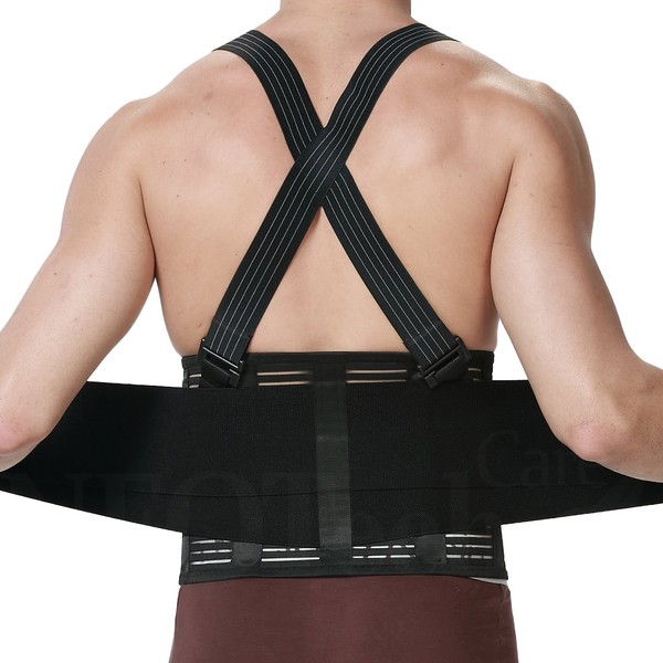NEOtech Care - Tutore per schiena con bretelle rimovibili - cintura di supporto lombare - lavoro pesante, sollevamento pesi, esercizi, palestra - uomo - nero (Taglia S)