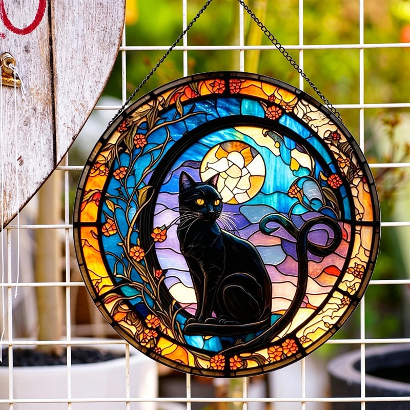 Payutou Black Cat Stained Glass Panels,Stained Glass for Windows for