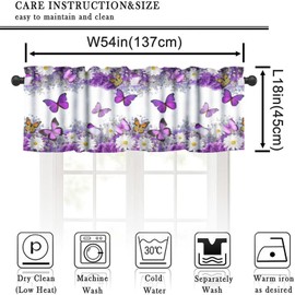 Yearn Jear Butterfly Valance Curtain for Kithchen Windows, Purple White Floral Flying Butterflies Rod Pocket Window Treatments Drapes for Bedroom Bathroom 54x 18 inch
