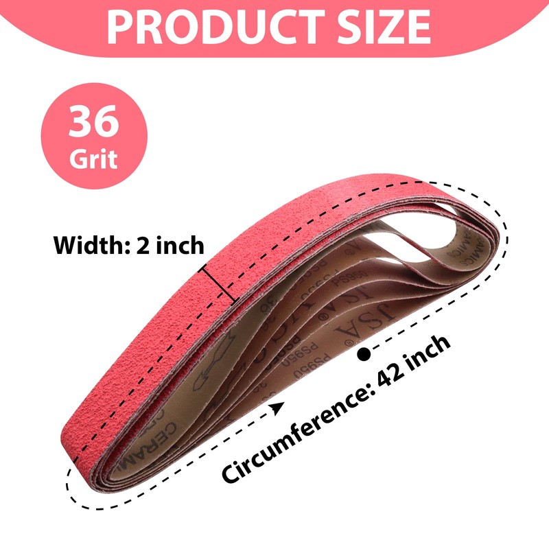 2 x 42 Inch Ceramic Grinding Belts, 36 Grit 2x42