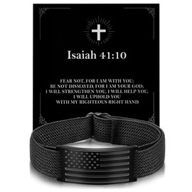 Alissl American Flag Bracelet for Men Women, Engarved Bible Verse Inspirational Black Elastic Strap Adjustable Bracelets,Christian Patriotic Jewelry Gifts for Dad Son Husband Boyfriend Man Easter