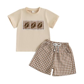 Adobabirl Toddler Baby Boy Football Outfit Rugby Embroidery Short Sleeve Tshirt with Plaid Shorts Boutique Summer Clothes (Khaki, 6-12 Months)