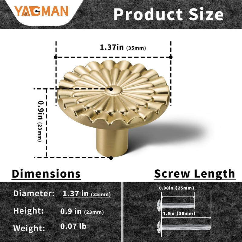 Yagman Brushed Gold Cabinet Knobs 10 Pack Round Sunflower Dresser