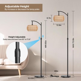 Arc Floor Lamps for Living Room with 3 Color Temperatures, Boho Farmhouse Floor Lamp with Remote & Dimmable RGB Bulb, Standing Lamp with Rattan & Fabric Shades, Adjustable Tall Lamp for Bedroom Office