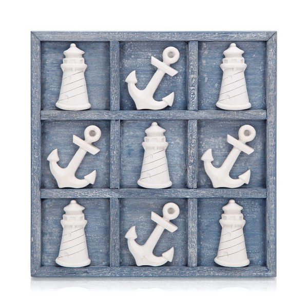 NIKKY HOME Beach Tic Tac Toe Wooden Games 5 Anchors & 5 Lighthouses Wood Board Travel Game for Kids Family Coastal House Coffee Tables Decor, Distressed Blue
