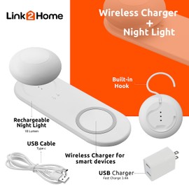 Link2Home Fast 10W Wireless Charging Station with Portable Rechargeable Light, Magnetic and Hook, Touch Dimming Light