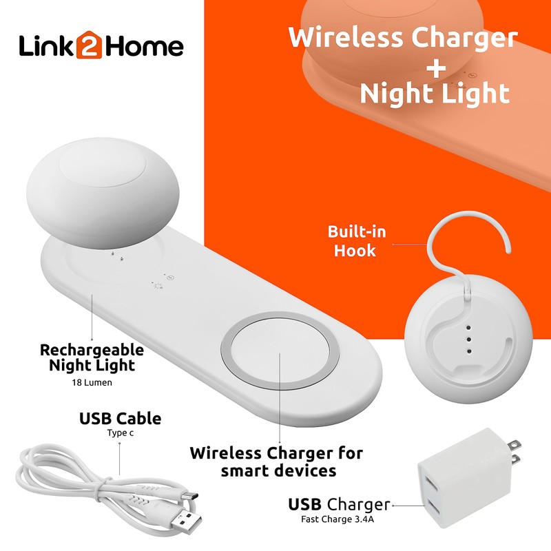 Link2Home Fast 10W Wireless Charging Station with Portable Rechargeable Light,