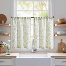 jinchan Floral Kitchen Curtains for Windows 30 Inch Farmhouse Linen Blend Tier Curtains Light Filtering Botanic Small Window Drapes for Bedroom Living Room Rod Pocket 2 Panels Sage Green on Beige