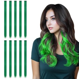 10 Pcs Green Hair Extensions Clip-In, 19.68 Inch Long Straight for Girls Women Party Highlight - Vibrant Color, Easy to Apply, Trendy Look