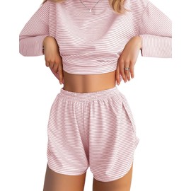 JUSTFASHIONNOW Womens Long Sleeve Pajama Sets Cute Lounge Set 2 Piece Crew Neck Striped Sleepwear Comfy Split Short Pajama Set Soft Fall Outfits Loungewear Cozy Pj sets (Pink, Large)