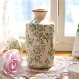Ronasip 8" Retro Crackle Glaze Ceramic Vase Rustic Decorative Vases Farmhouse Home Decor Vase Chinoiserie Vintage Flower Vases Flowers NOT Included (Green, Cylinder)