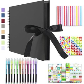 Álbum de Fotos y Recortes, Kit DIY con 80 Páginas Negras, Incluye Pegatinas y Bolígrafos, Tamaño 28.5x21 cm, para Boda, Baby Shower, Cumpleaños o Recuerdos Familiares (Negro)
