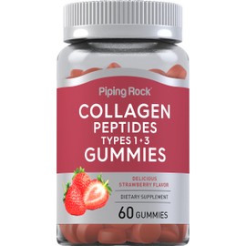 Piping Rock Collagen Gummies | 60 Count | Collagen Peptides Type 1 and 3 | Strawberry Flavor | Bovine Supplement | Non-GMO, Gluten Free